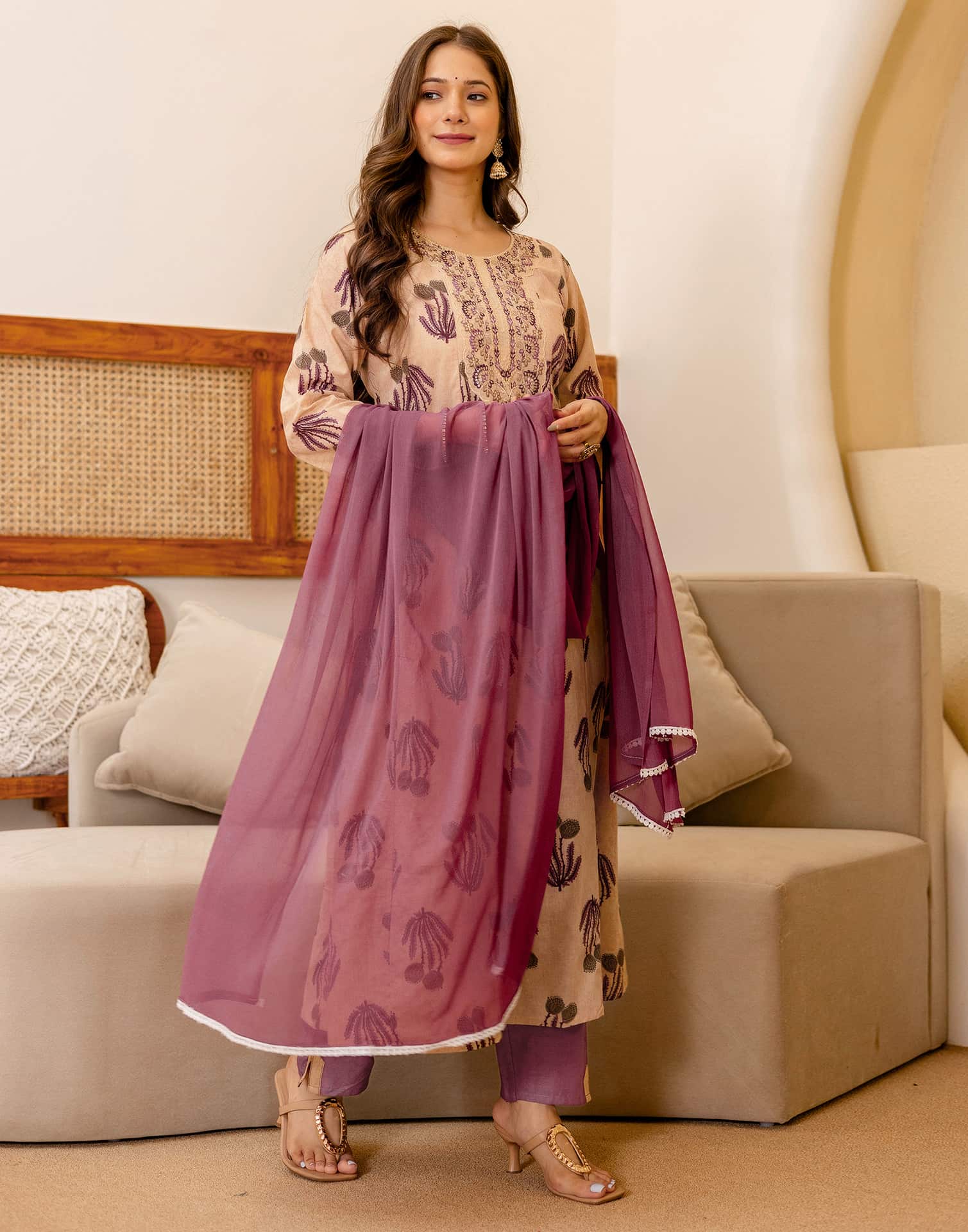 Beige Cotton Printed Anarkali Kurta Set with Pant & Dupatta under 1299 