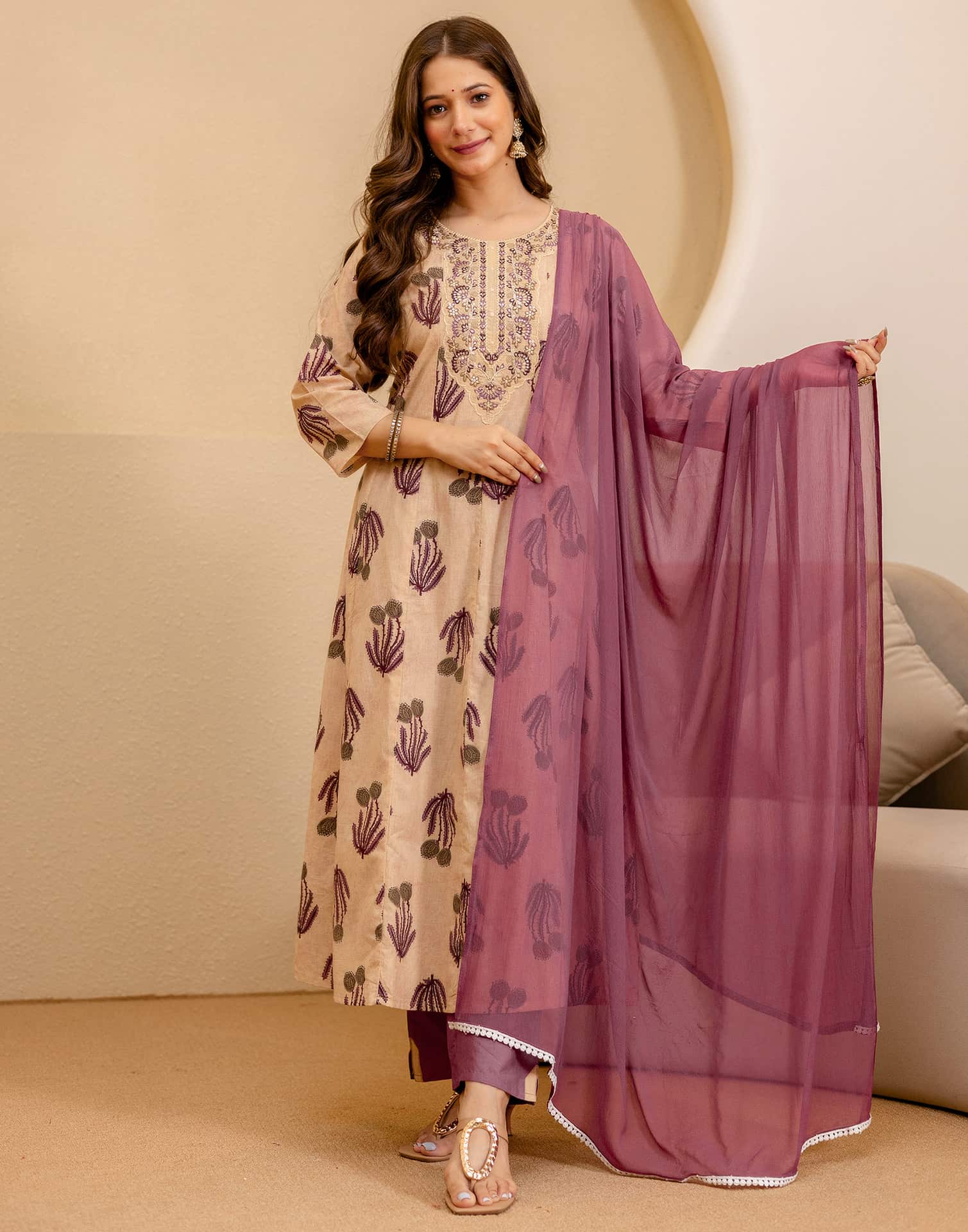 Beige Cotton Printed Anarkali Kurta Set with Pant & Dupatta under 1299 