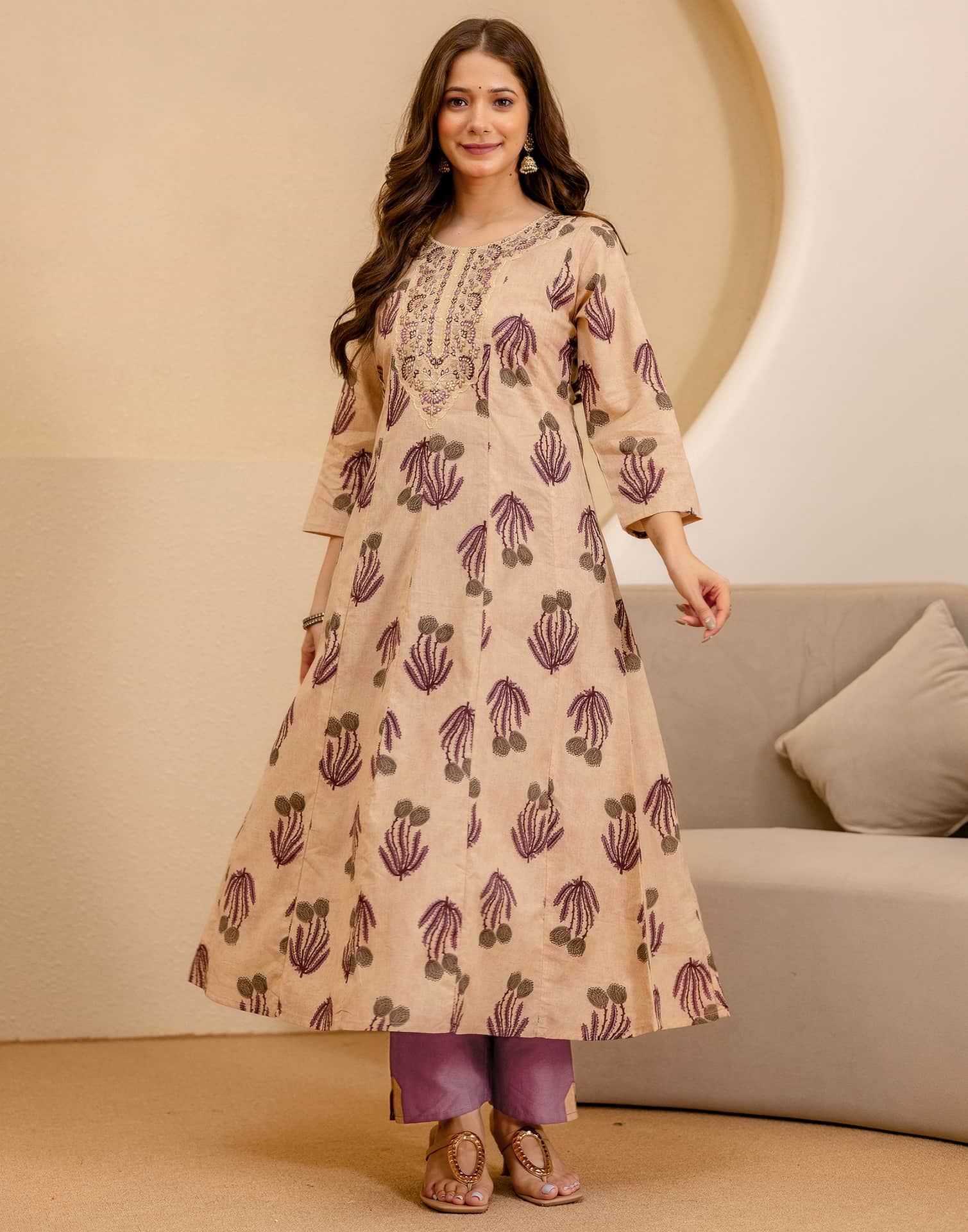 Beige Cotton Printed Anarkali Kurta Set with Pant & Dupatta under 1299 