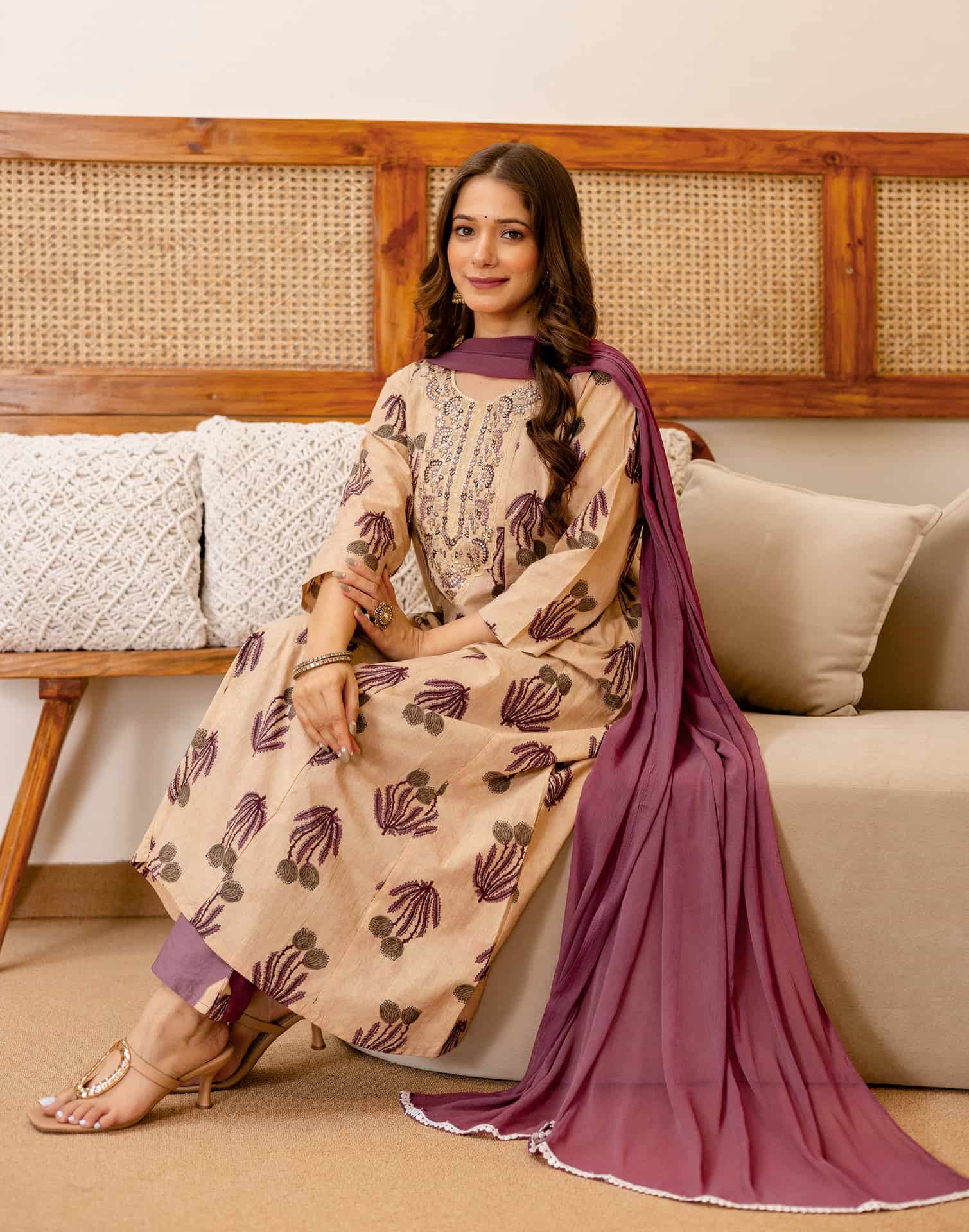 Beige Cotton Printed Anarkali Kurta Set with Pant & Dupatta under 1299 