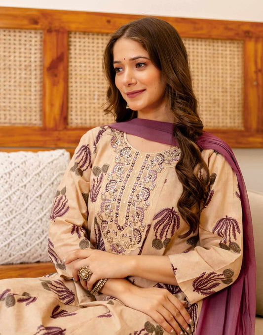 Beige Cotton Printed Anarkali Kurta Set with Pant & Dupatta under 1299 