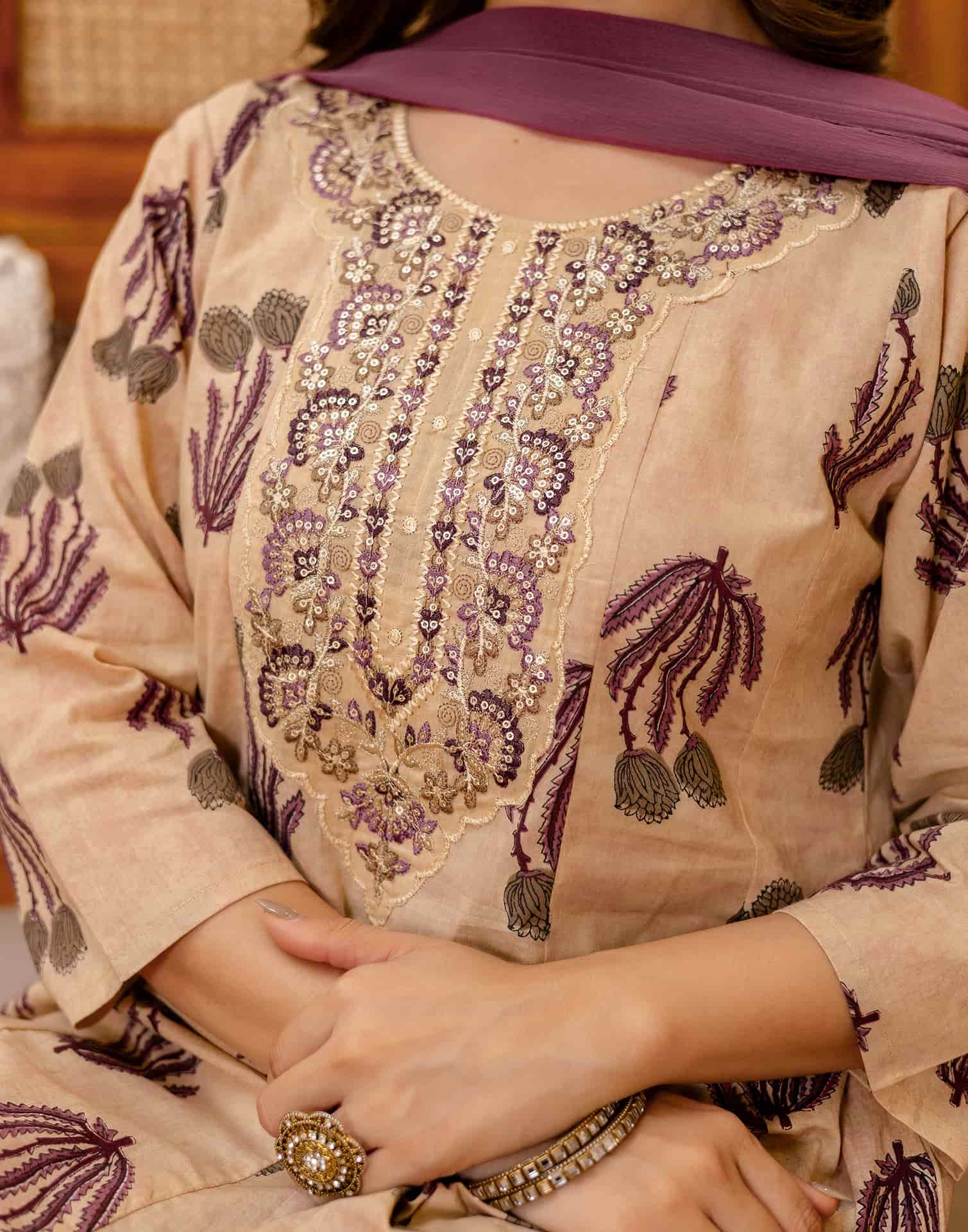 Beige Cotton Printed Anarkali Kurta Set with Pant & Dupatta under 1299 