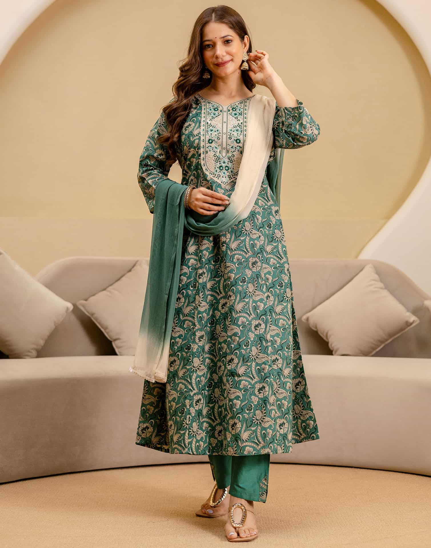 Green Cotton Printed Anarkali Kurta Set with Pant & Dupatta under 999