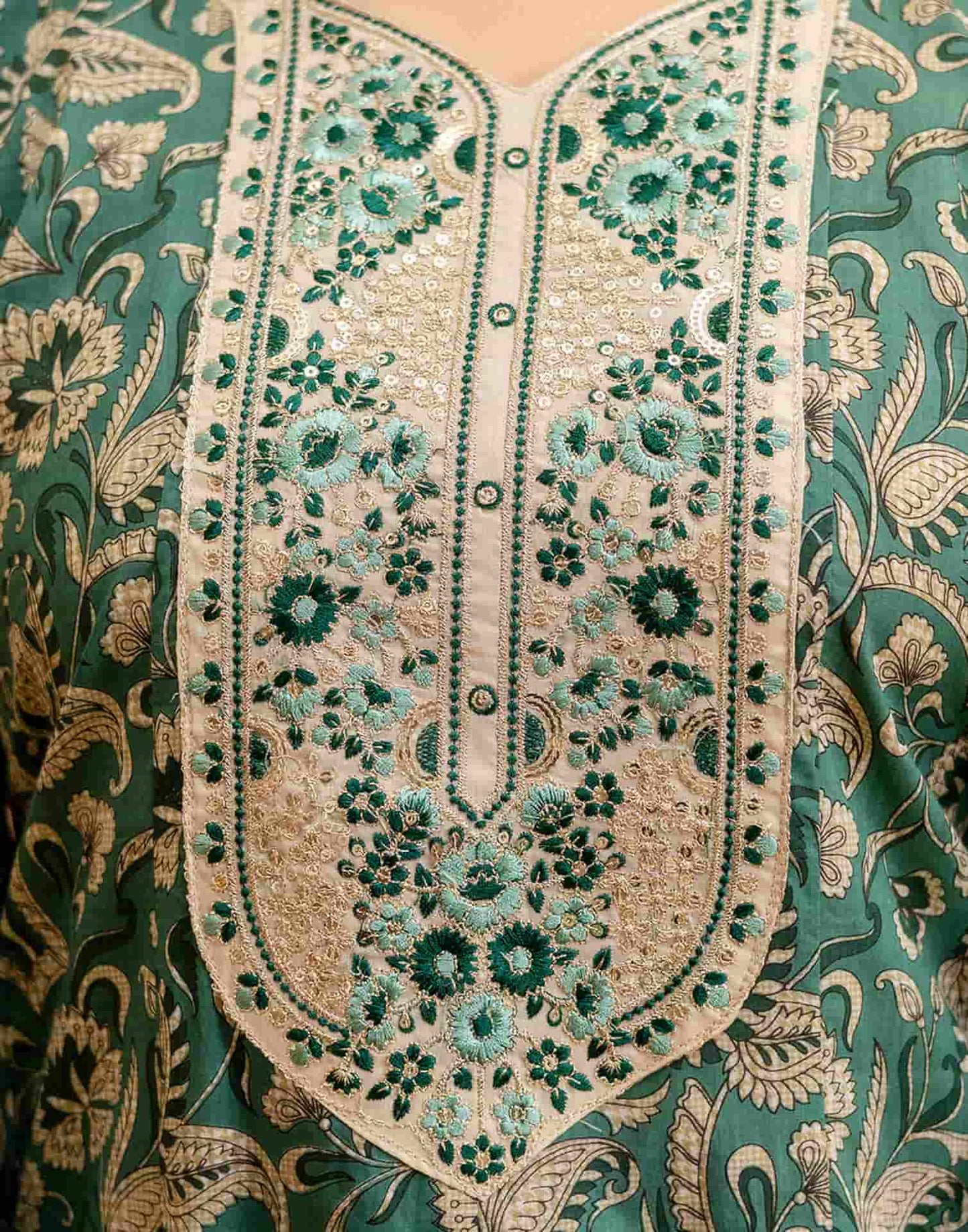 Green Cotton Printed Anarkali Kurta Set with Pant & Dupatta under 999