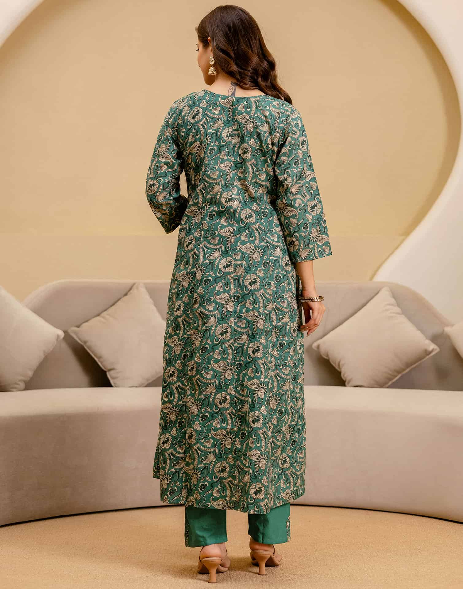Green Cotton Printed Anarkali Kurta Set with Pant & Dupatta under 999