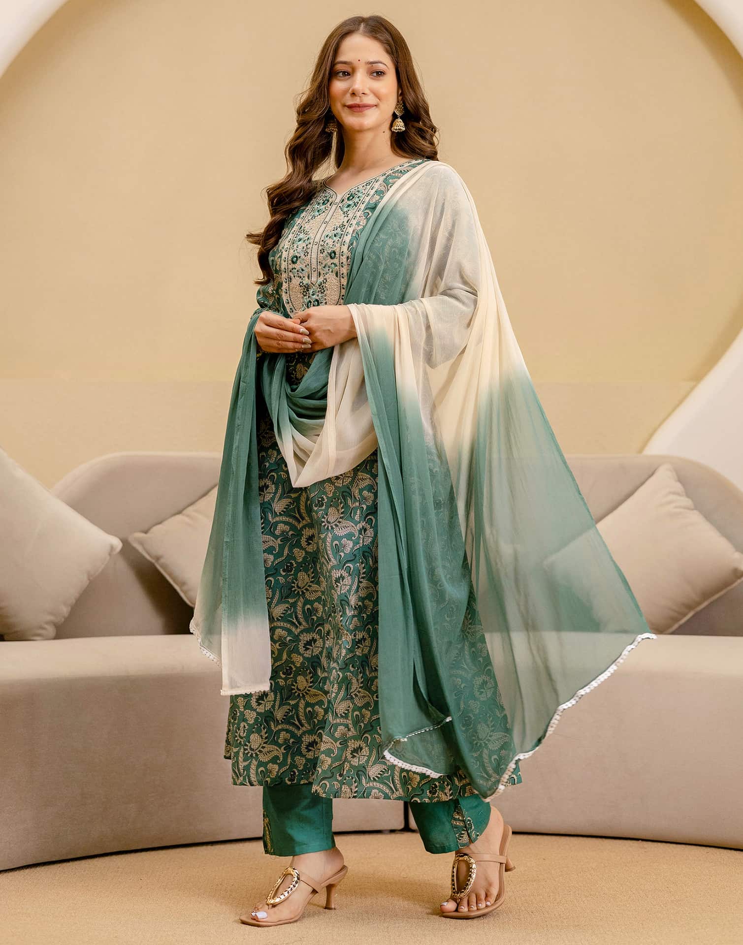 Green Cotton Printed Anarkali Kurta Set with Pant & Dupatta under 999