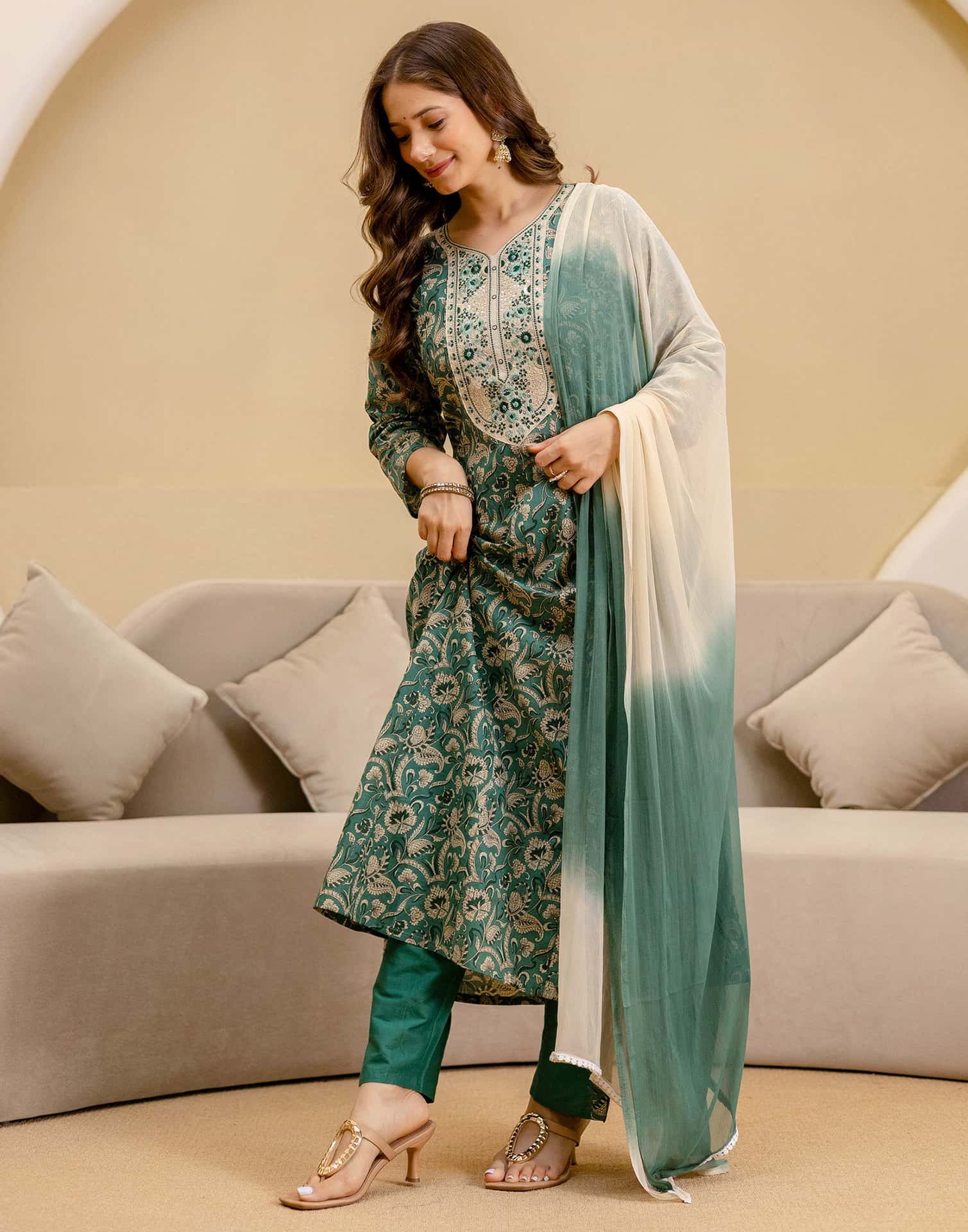 Green Cotton Printed Anarkali Kurta Set with Pant & Dupatta under 999
