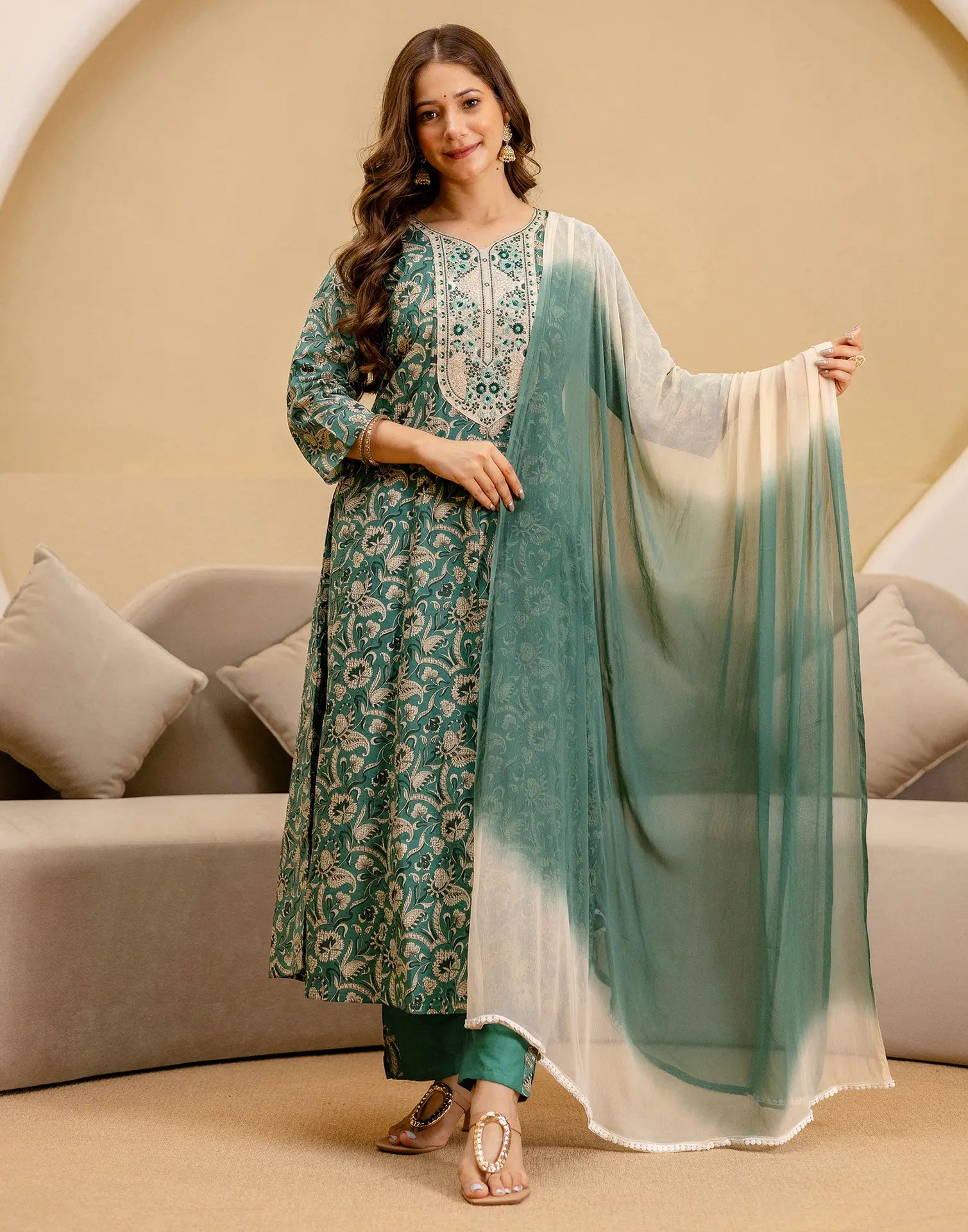 Viscose Rayon Embroidered A-Line 3 Piece Kurta Set
