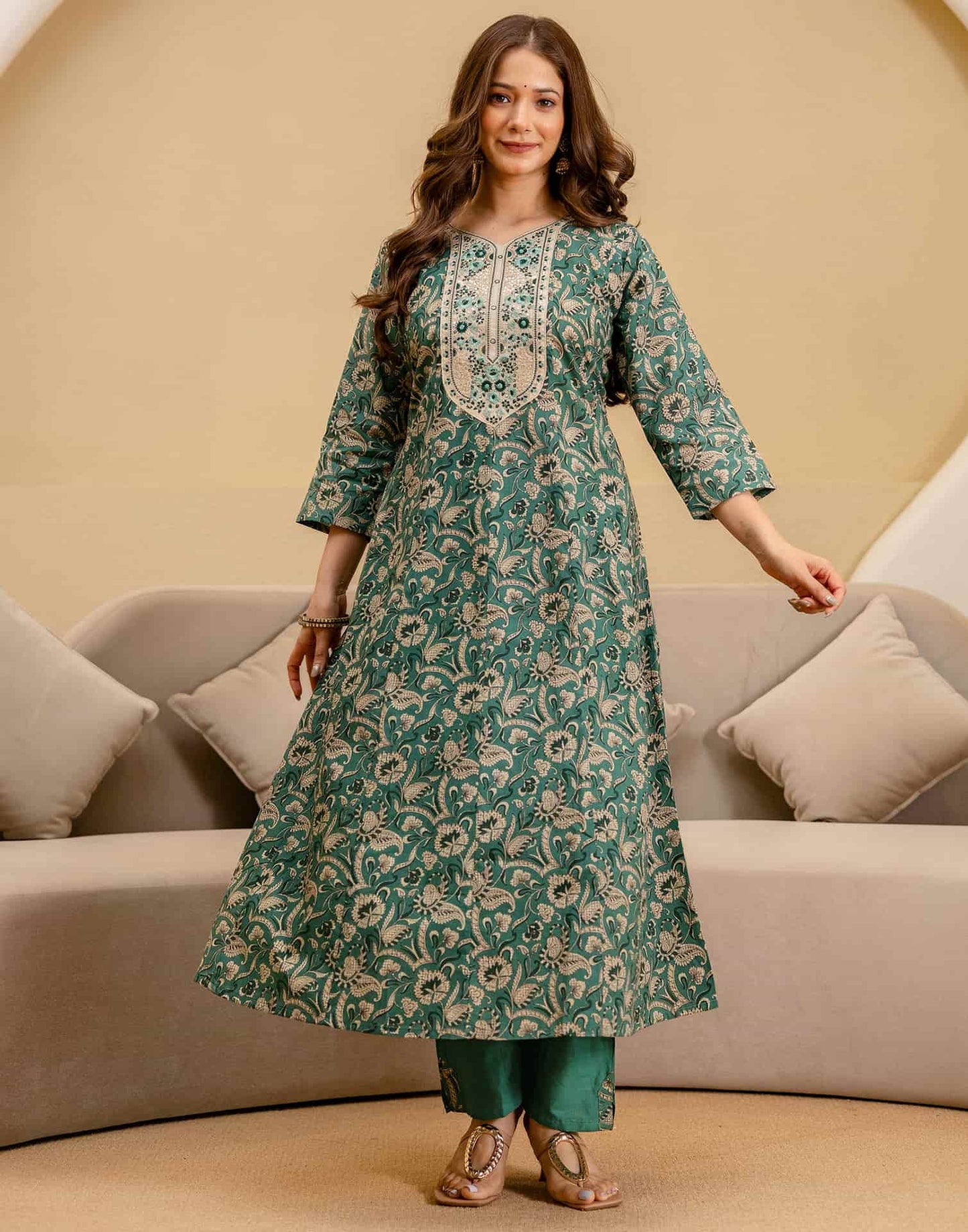 Green Cotton Printed Anarkali Kurta Set with Pant & Dupatta under 999