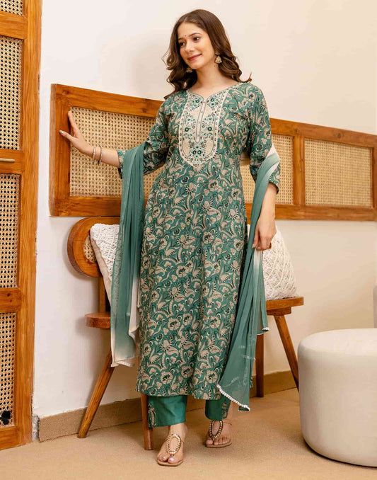 Green Cotton Printed Anarkali Kurta Set with Pant & Dupatta under 999