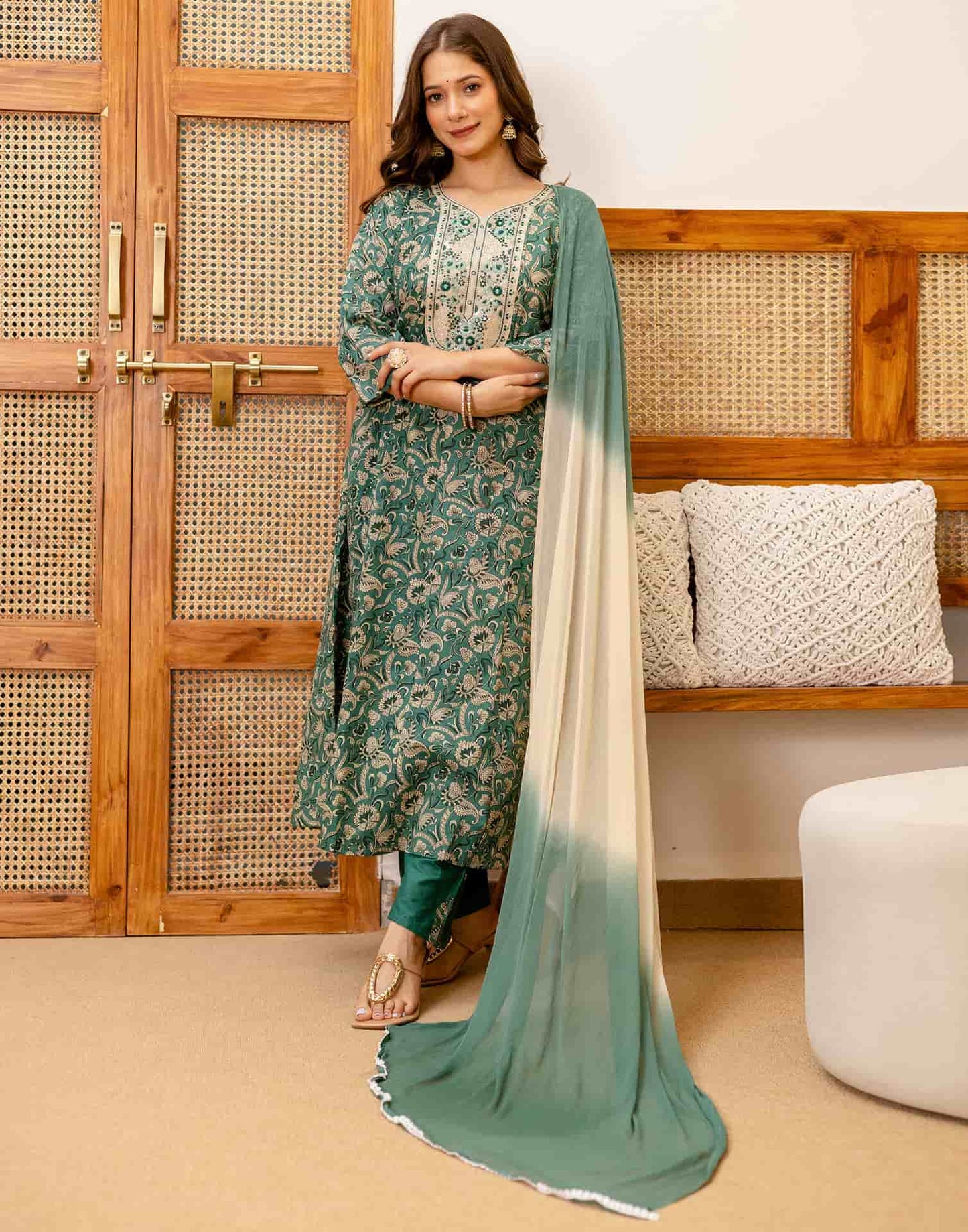Green Cotton Printed Anarkali Kurta Set with Pant & Dupatta under 999