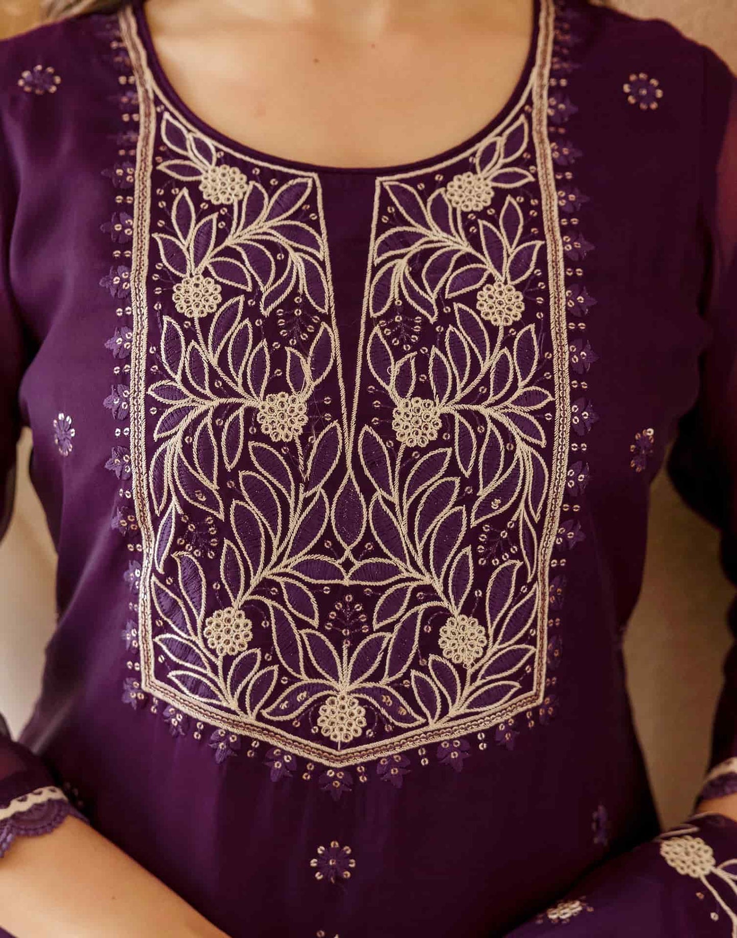 Purple Silk Embroidered Straight Kurta Set with Pant & Dupatta