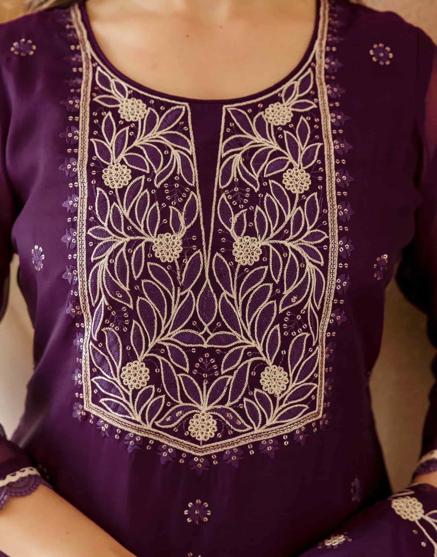 Purple Silk Embroidered Straight Kurta Set with Pant & Dupatta