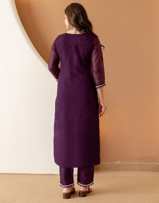 Purple Silk Embroidered Straight Kurta Set with Pant & Dupatta