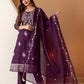 Purple Silk Embroidered Straight Kurta Set with Pant & Dupatta