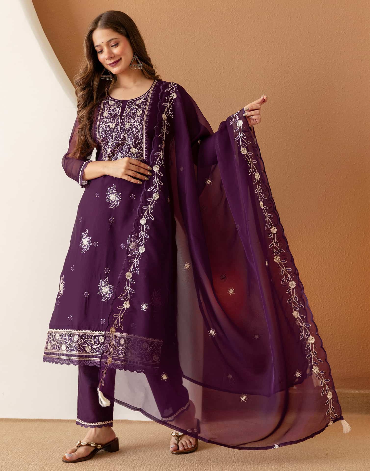 Purple Silk Embroidered Straight Kurta Set with Pant & Dupatta