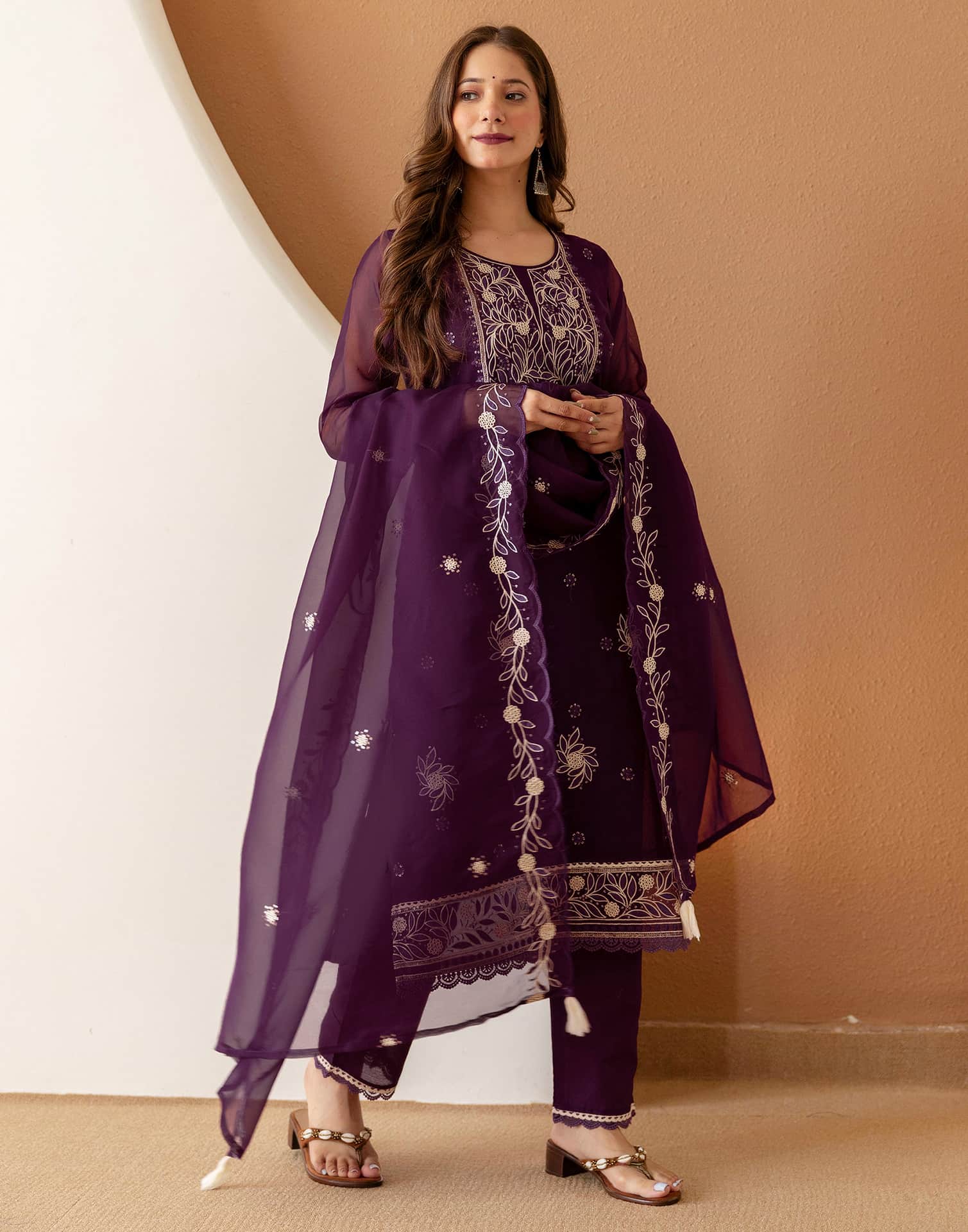 Purple Silk Embroidered Straight Kurta Set with Pant & Dupatta