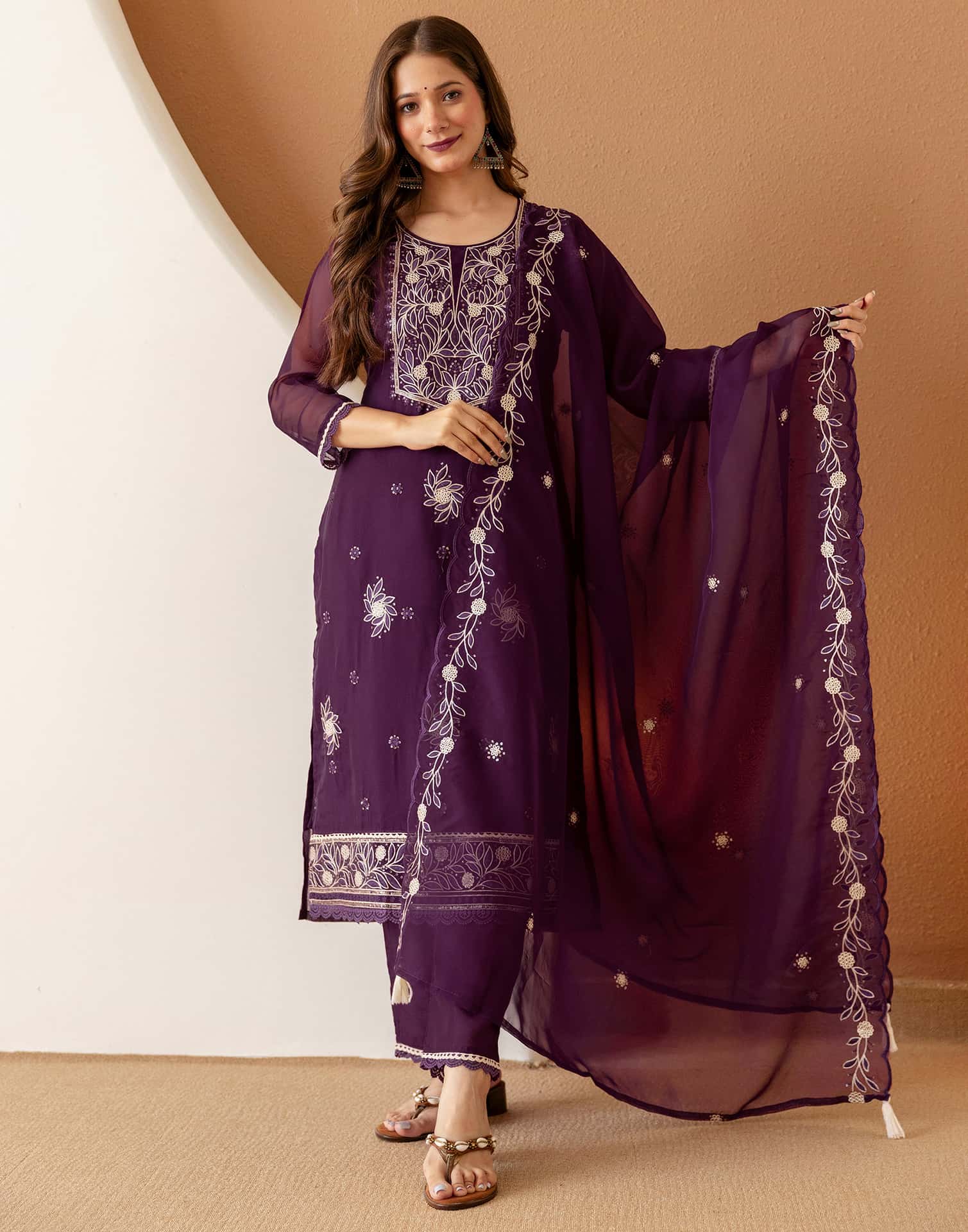 Purple Silk Embroidered Straight Kurta Set with Pant & Dupatta