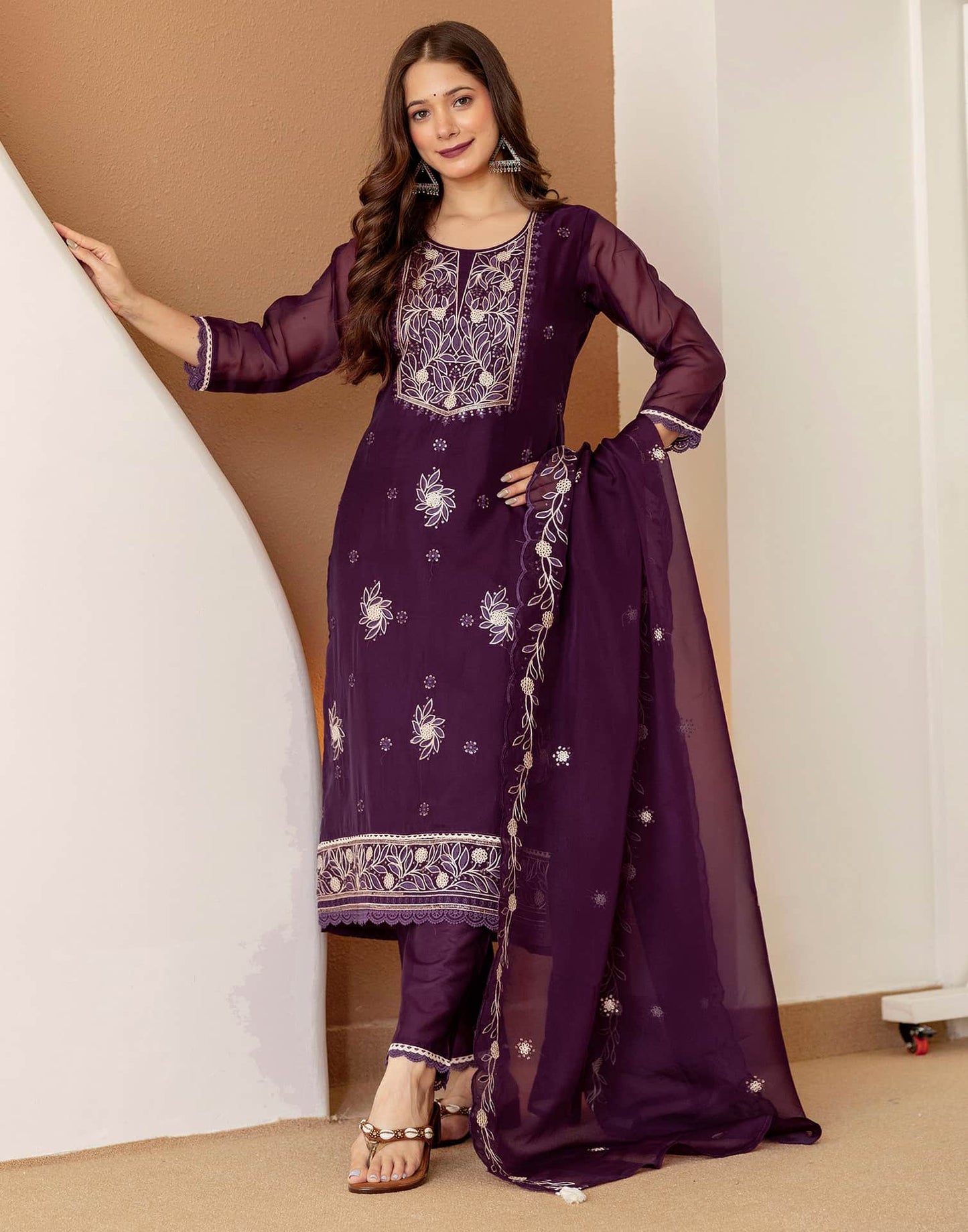 Purple Silk Embroidered Straight Kurta Set with Pant & Dupatta