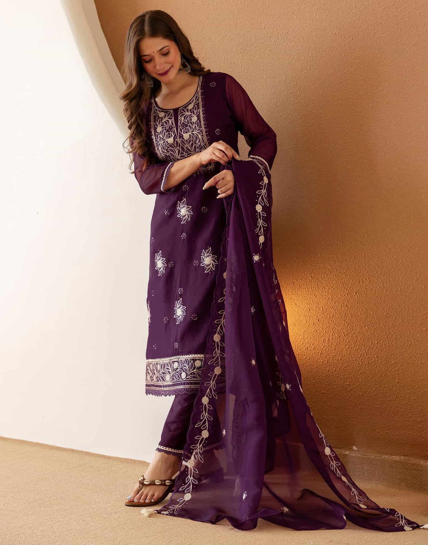 Purple Silk Embroidered Straight Kurta Set with Pant & Dupatta