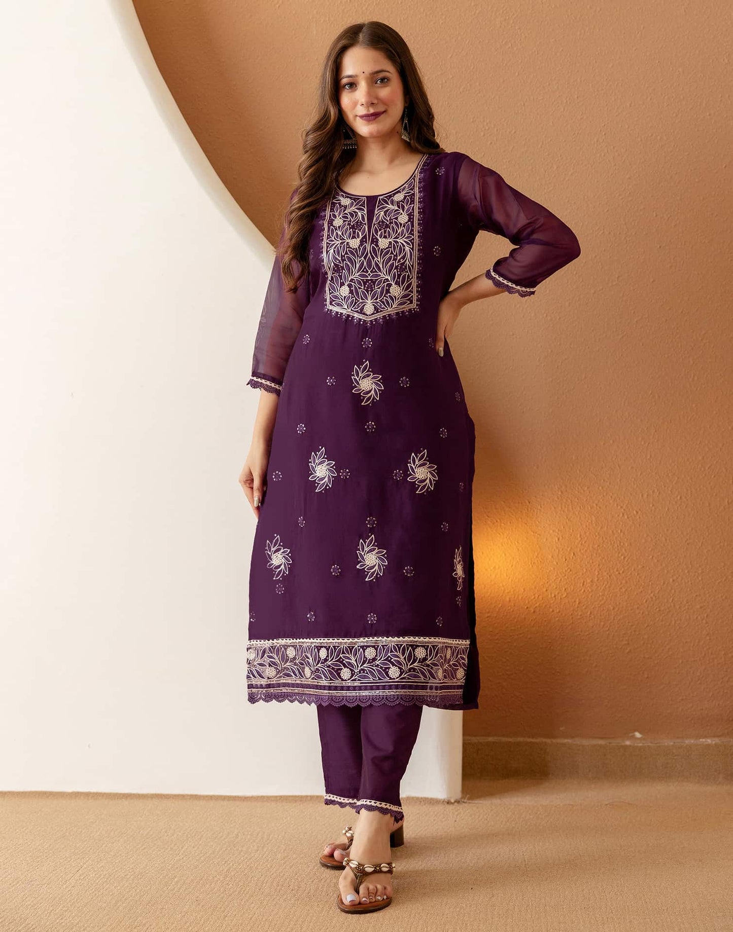 Purple Silk Embroidered Straight Kurta Set with Pant & Dupatta