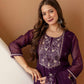 Purple Silk Embroidered Straight Kurta Set with Pant & Dupatta