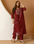 Silk Embroidered Straight 3 Piece Kurta Set