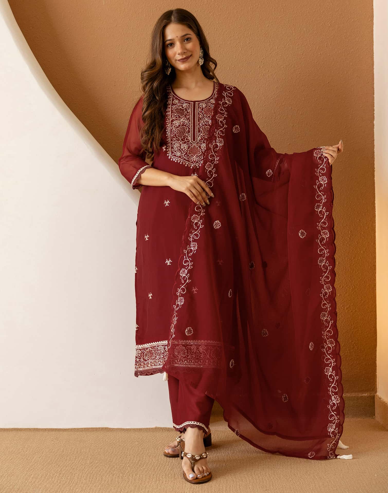 Maroon Silk Embroidered Straight Kurta Set with Pant & Dupatta for Women