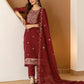 Maroon Silk Embroidered Straight Kurta Set with Pant & Dupatta for Women