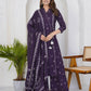 Purple Cotton Printed A-Line Kurta Set with Palazzo & Dupatta for Women under 1299