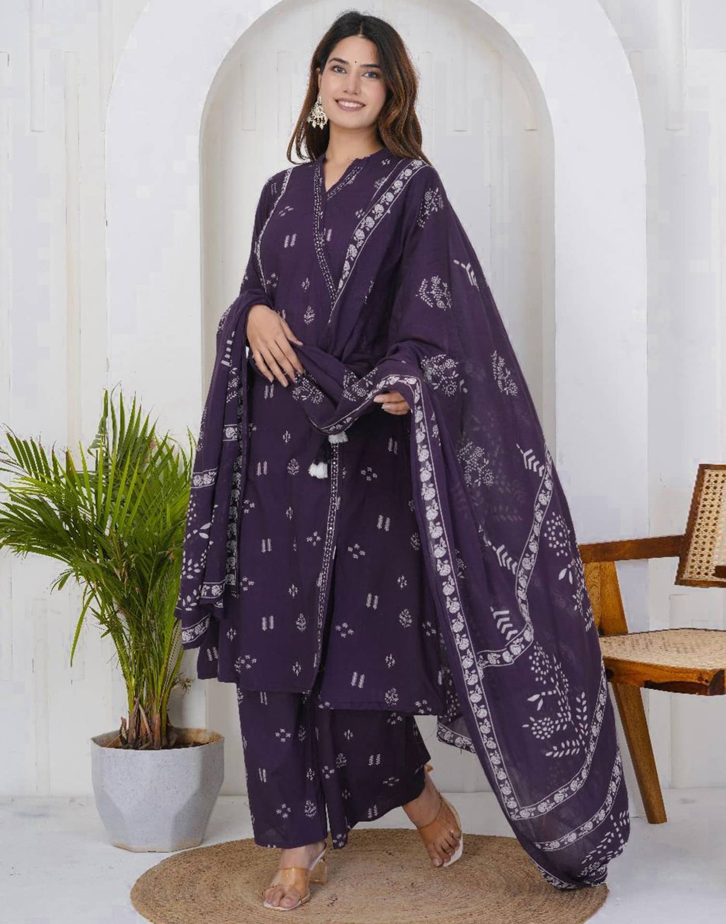 Purple Cotton Printed A-Line Kurta Set with Palazzo & Dupatta for Women under 1299