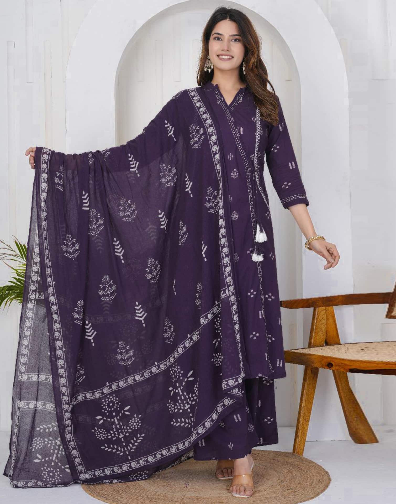 Purple Cotton Printed A-Line Kurta Set with Palazzo & Dupatta for Women under 1299