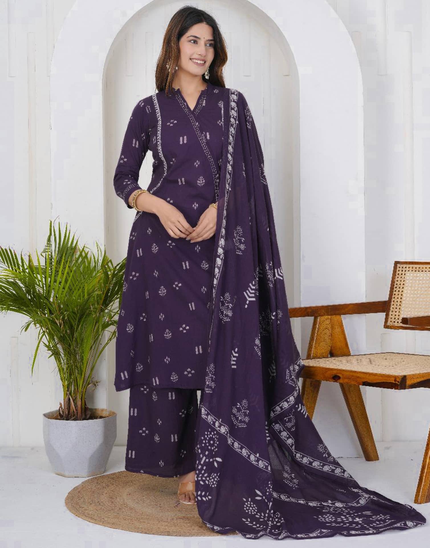 Purple Cotton Printed A-Line Kurta Set with Palazzo & Dupatta for Women under 1299