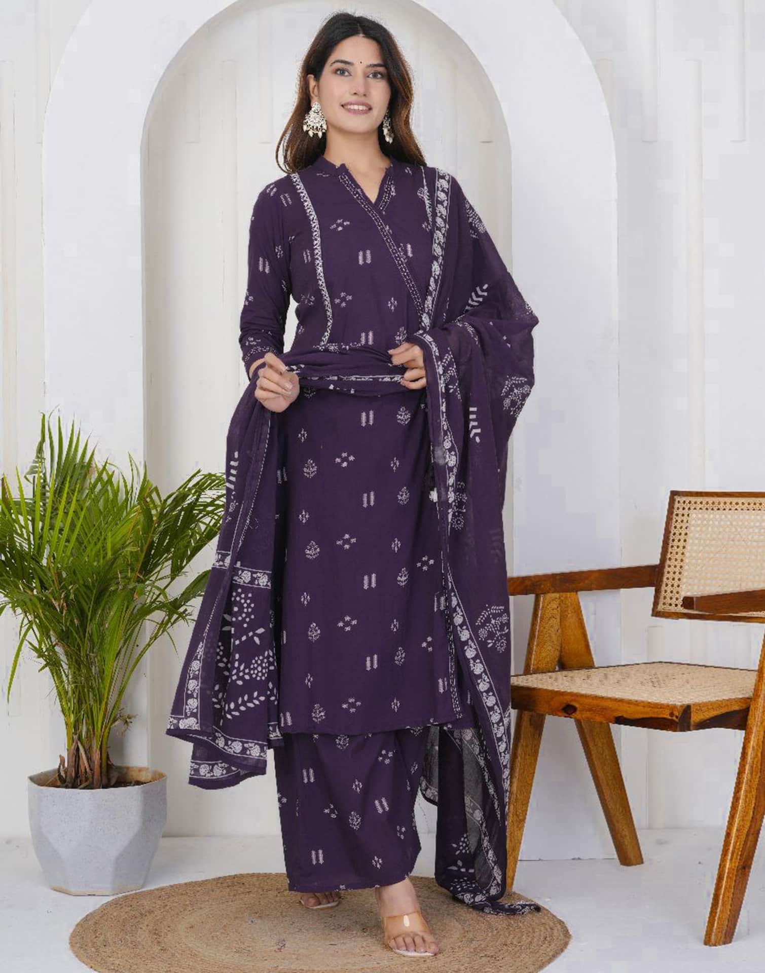Purple Cotton Printed A-Line Kurta Set with Palazzo & Dupatta for Women under 1299