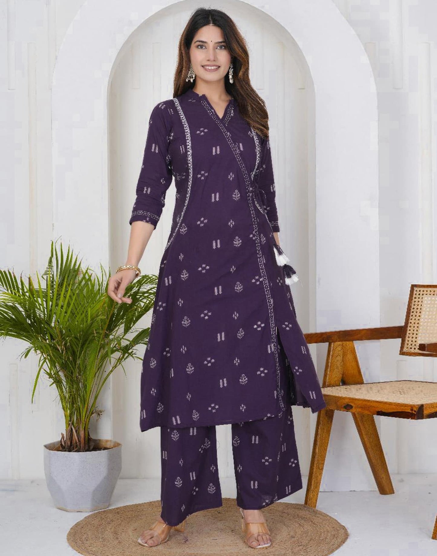Purple Cotton Printed A-Line Kurta Set with Palazzo & Dupatta for Women under 1299