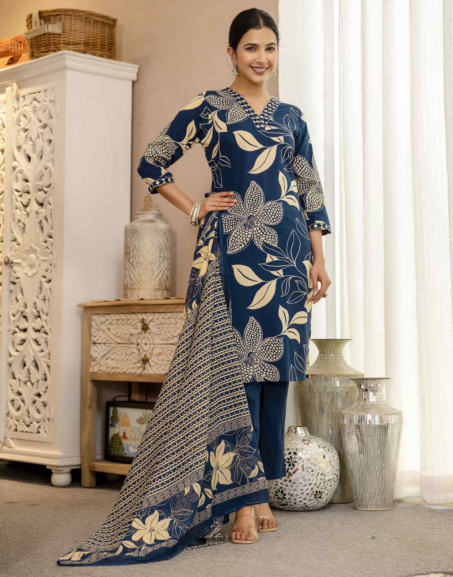 Blue Cotton Printed Straight Kurta Set with Pant & Dupatta under 799
