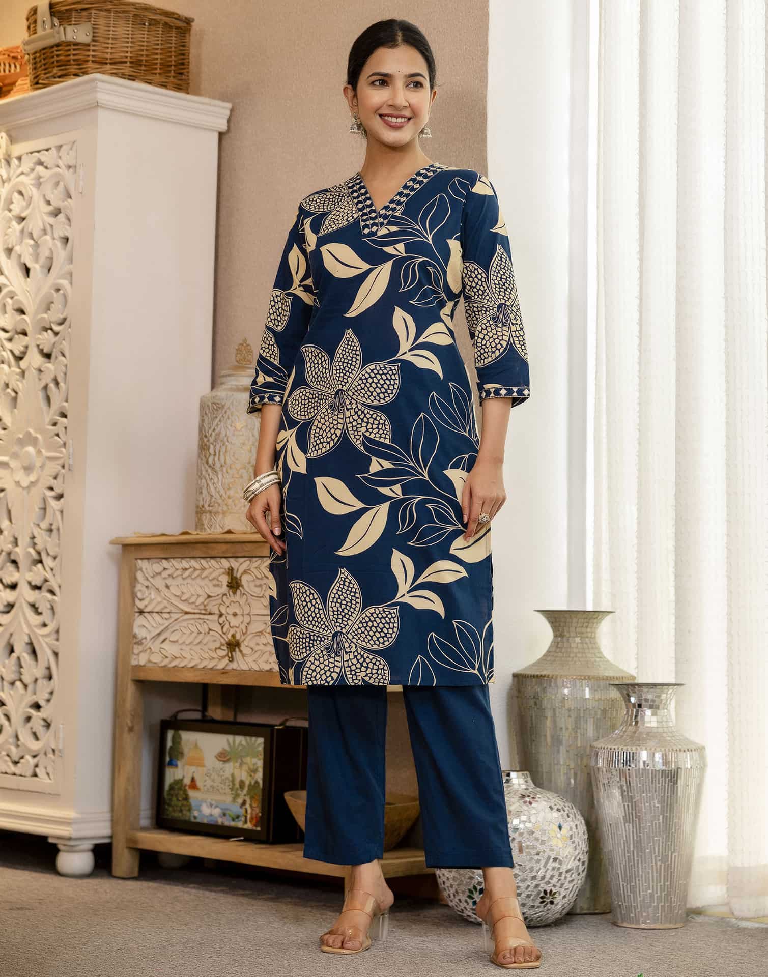 Blue Cotton Printed Straight Kurta Set with Pant & Dupatta under 799