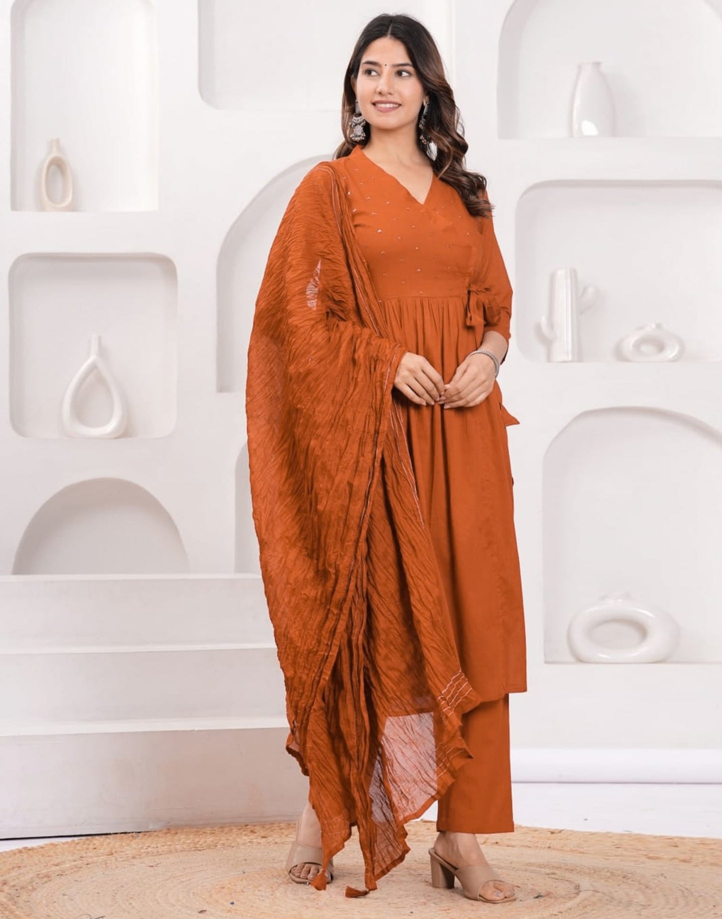 Orange Cotton Sequence Anarkali Kurta Set with Pant & Dupatta