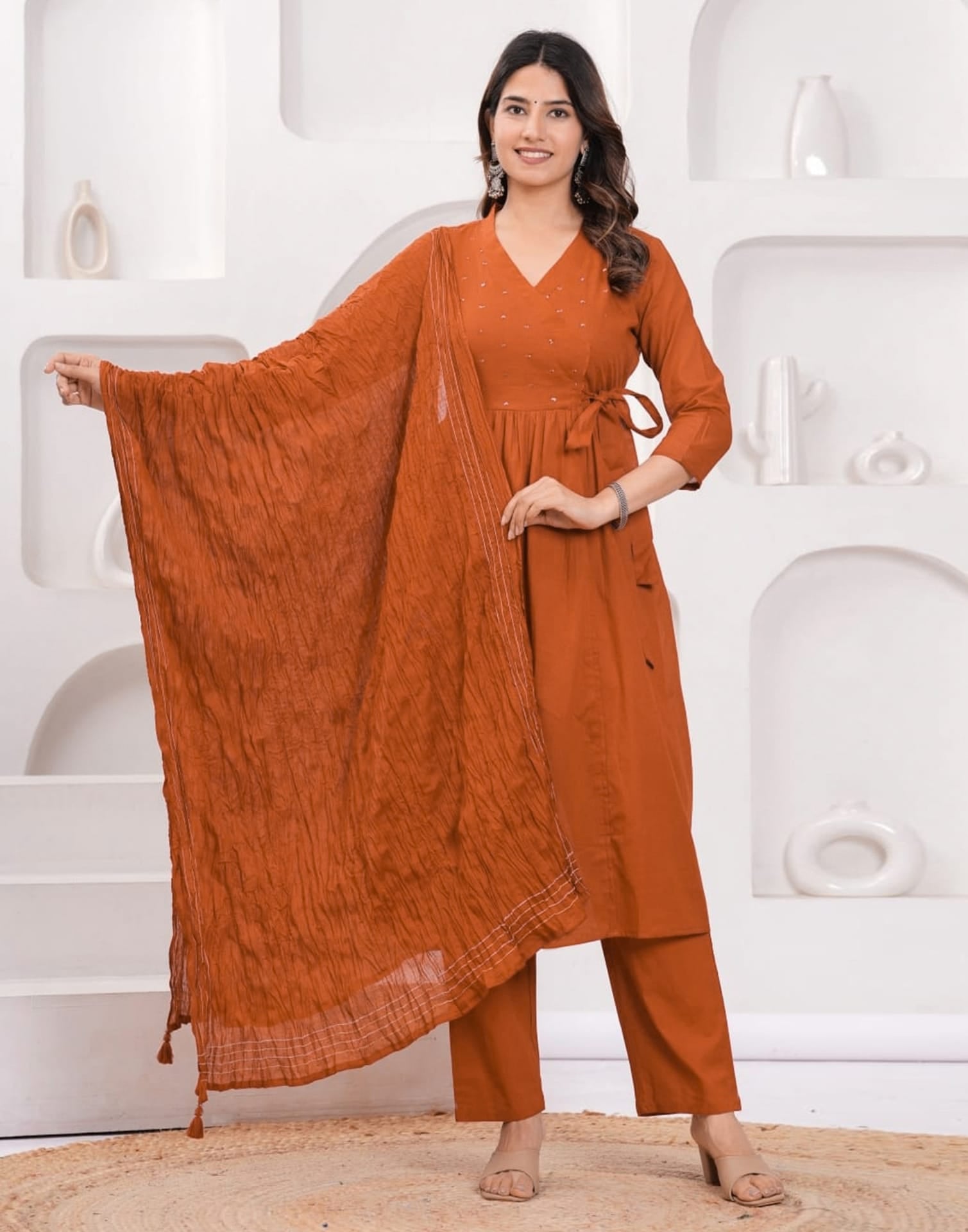 Orange Cotton Sequence Anarkali Kurta Set with Pant & Dupatta