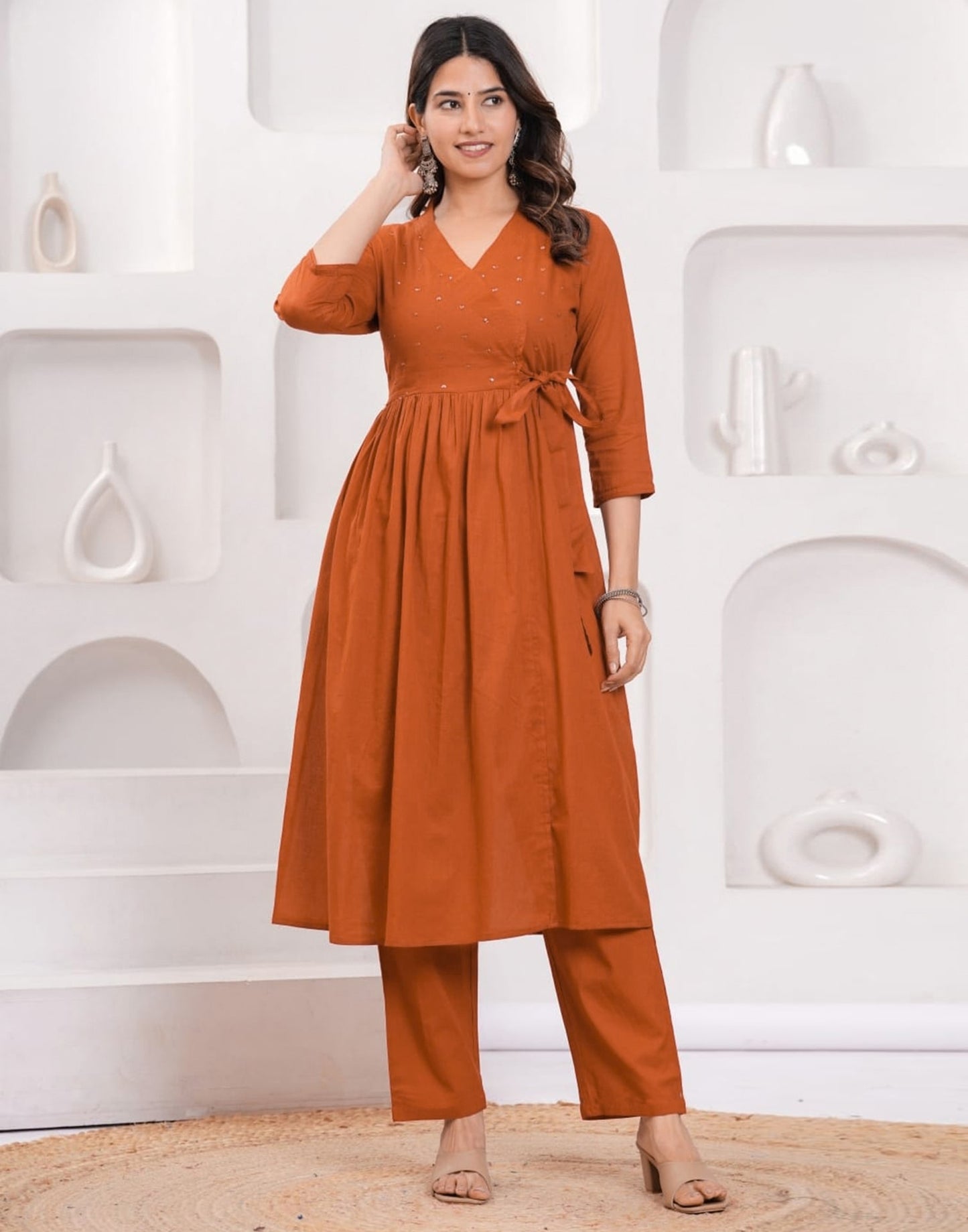 Orange Cotton Sequence Anarkali Kurta Set with Pant & Dupatta