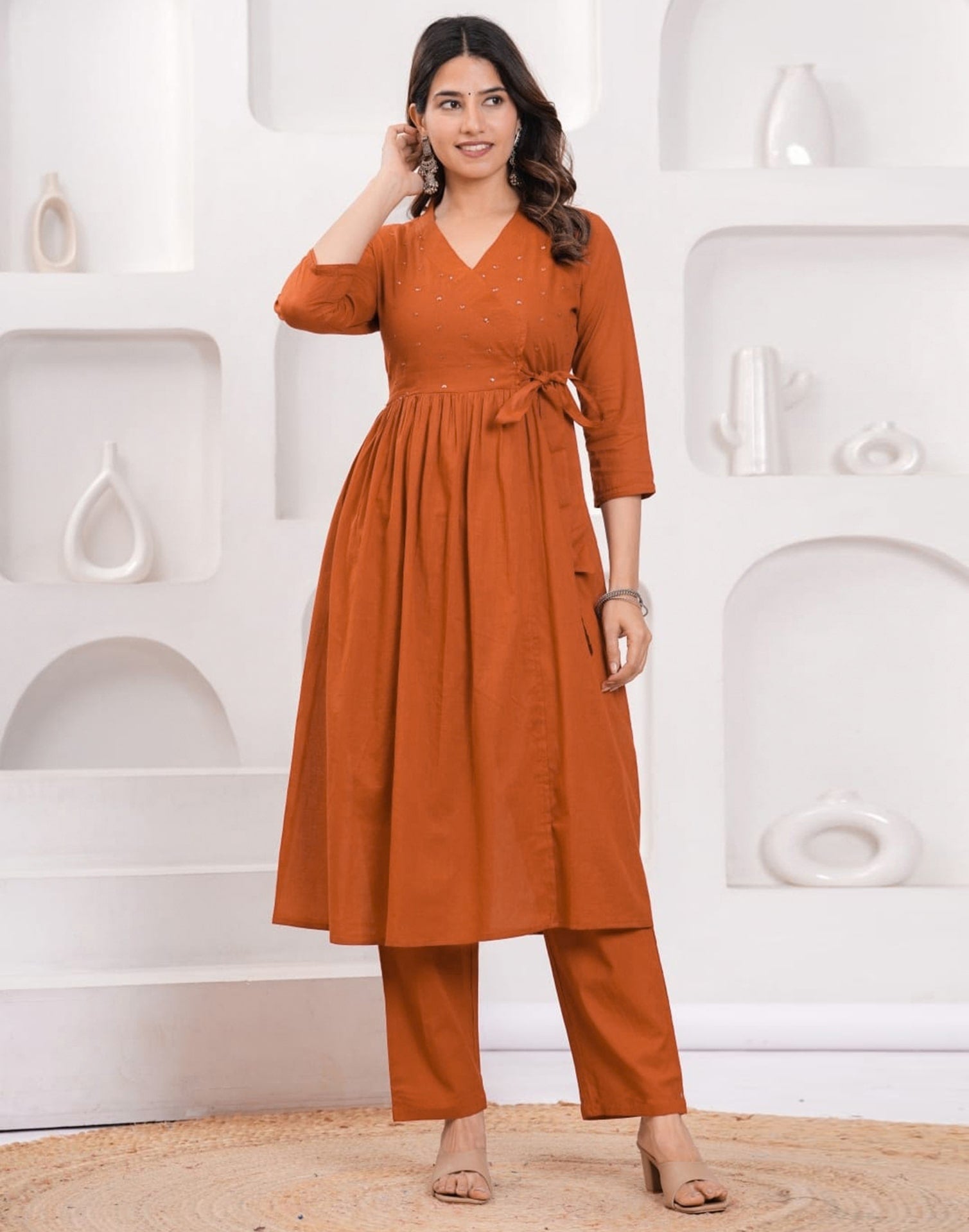 Orange Cotton Sequence Anarkali Kurta Set with Pant & Dupatta