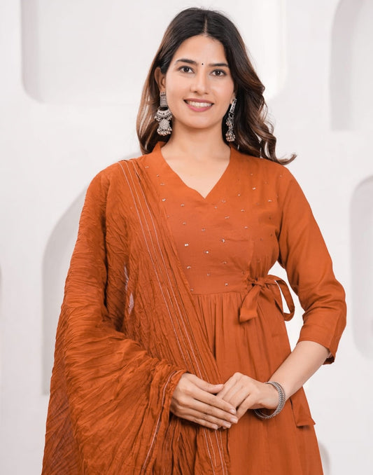 Orange Cotton Sequence Anarkali Kurta Set with Pant & Dupatta