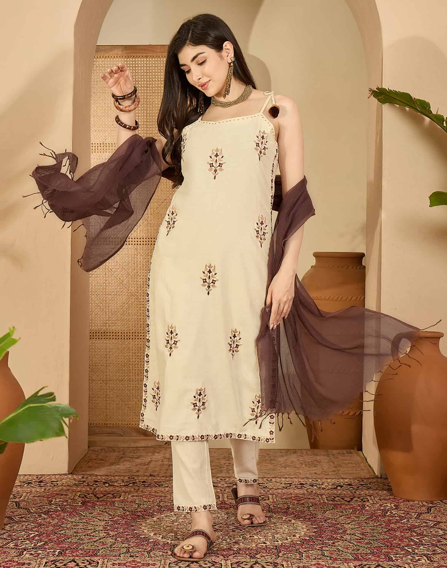 Beige Cotton Embroidered Straight Kurta Set with Pant & Dupatta Affordable Square Neck Ethnic Kurti for Casual