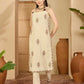Beige Cotton Embroidered Straight Kurta Set with Pant & Dupatta Affordable Square Neck Ethnic Kurti for Casual