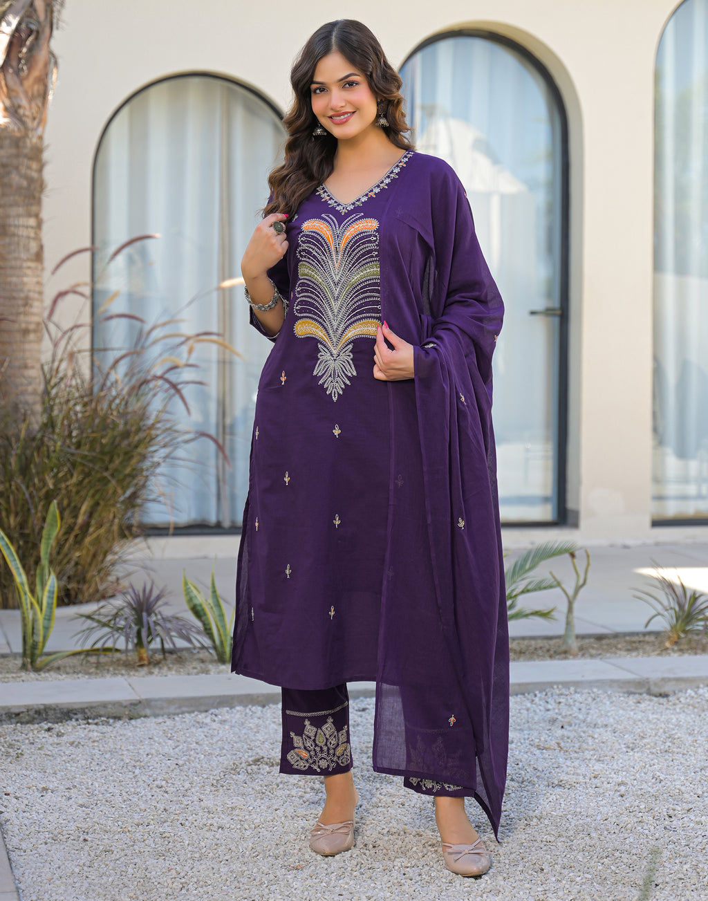 Skylee Cotton Embroidered Straight 3 Piece Kurta Set For Woman