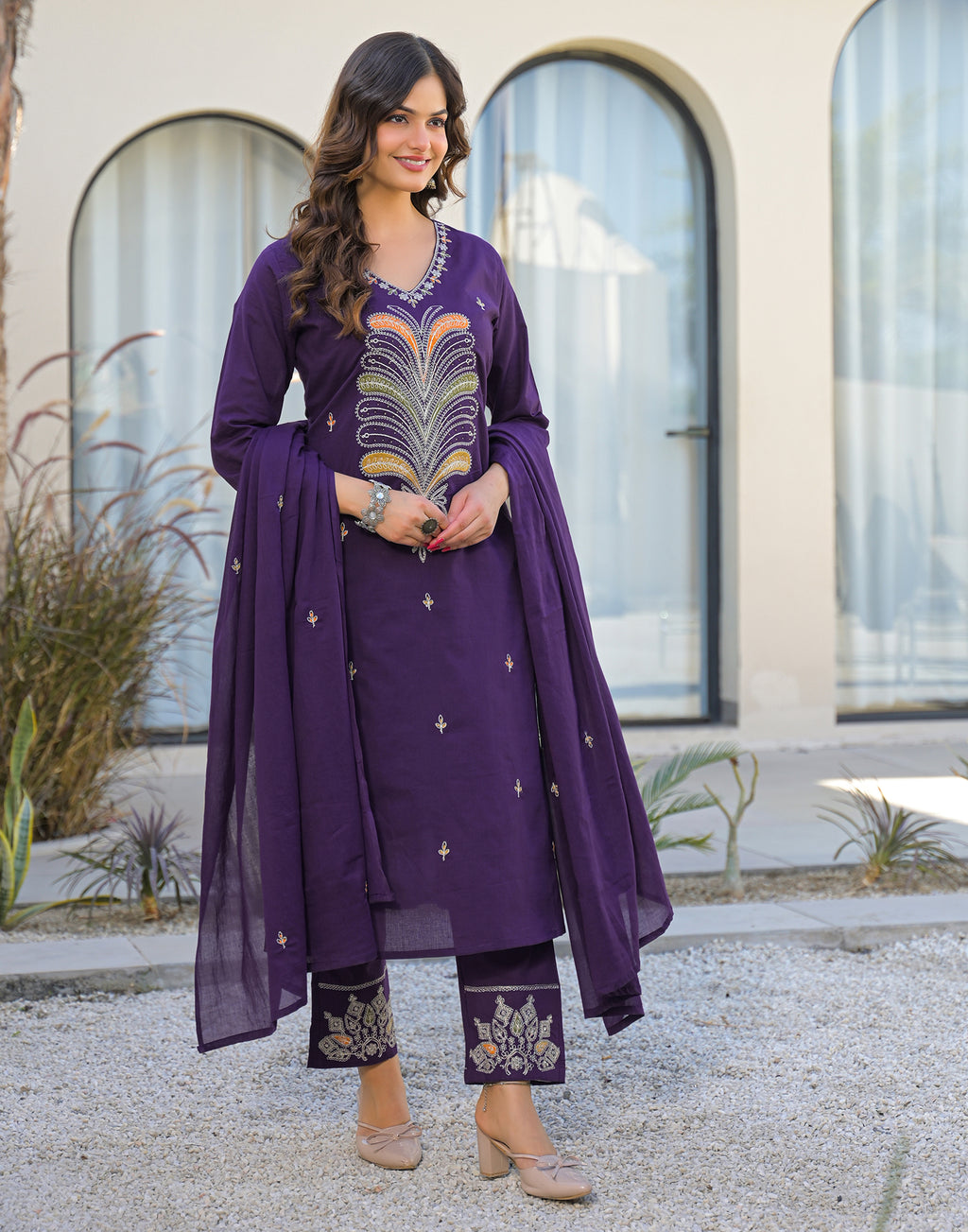 Skylee Cotton Embroidered Straight 3 Piece Kurta Set For Woman