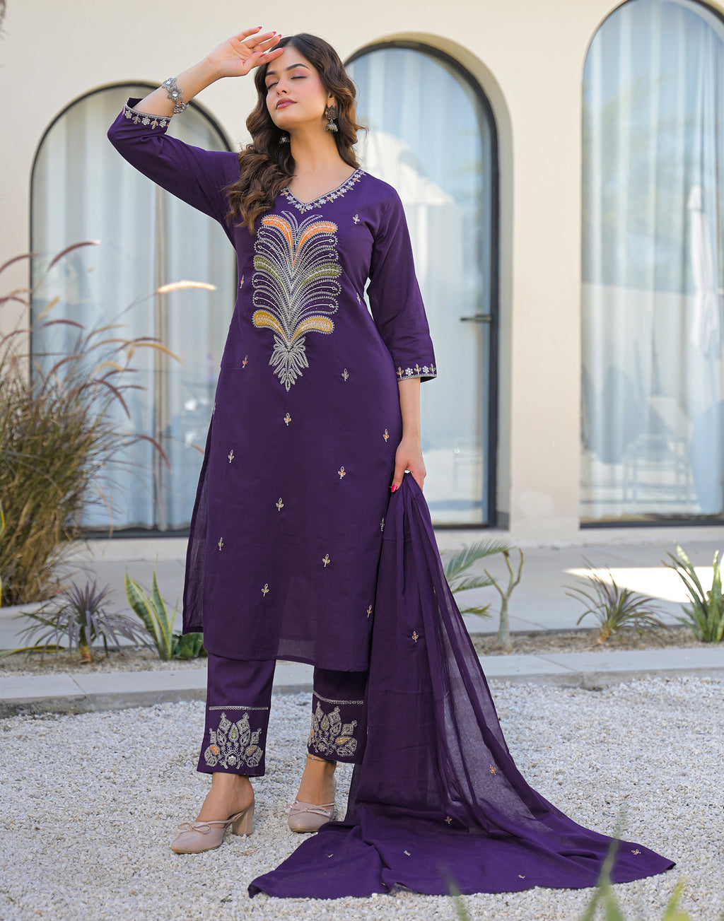 Skylee Cotton Embroidered Straight 3 Piece Kurta Set For Woman