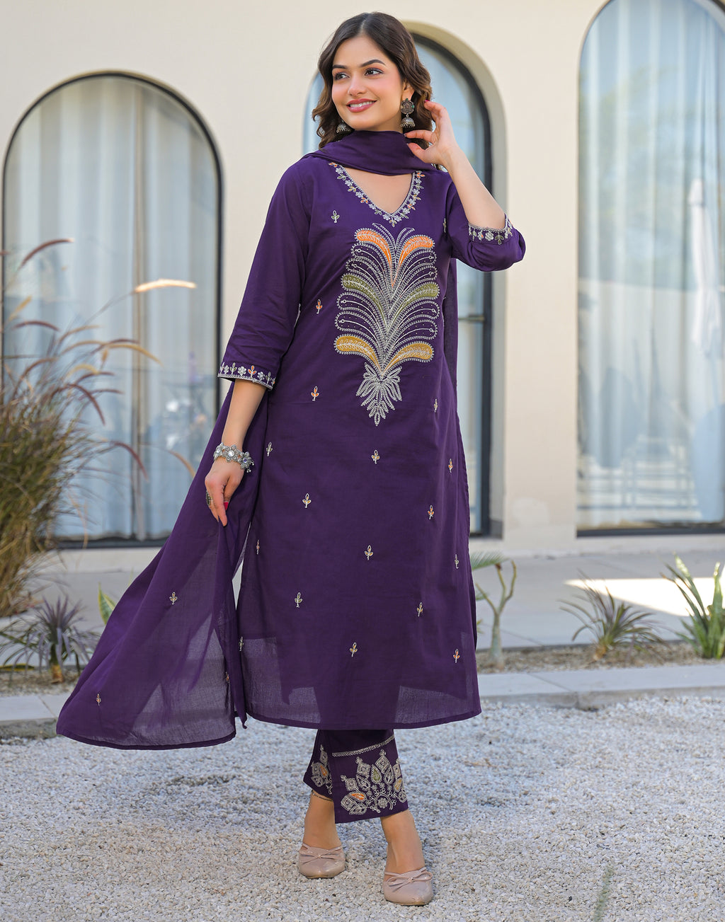 Skylee Cotton Embroidered Straight 3 Piece Kurta Set For Woman