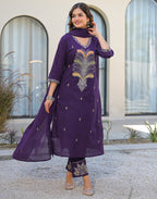 Skylee Cotton Embroidered Straight 3 Piece Kurta Set For Woman