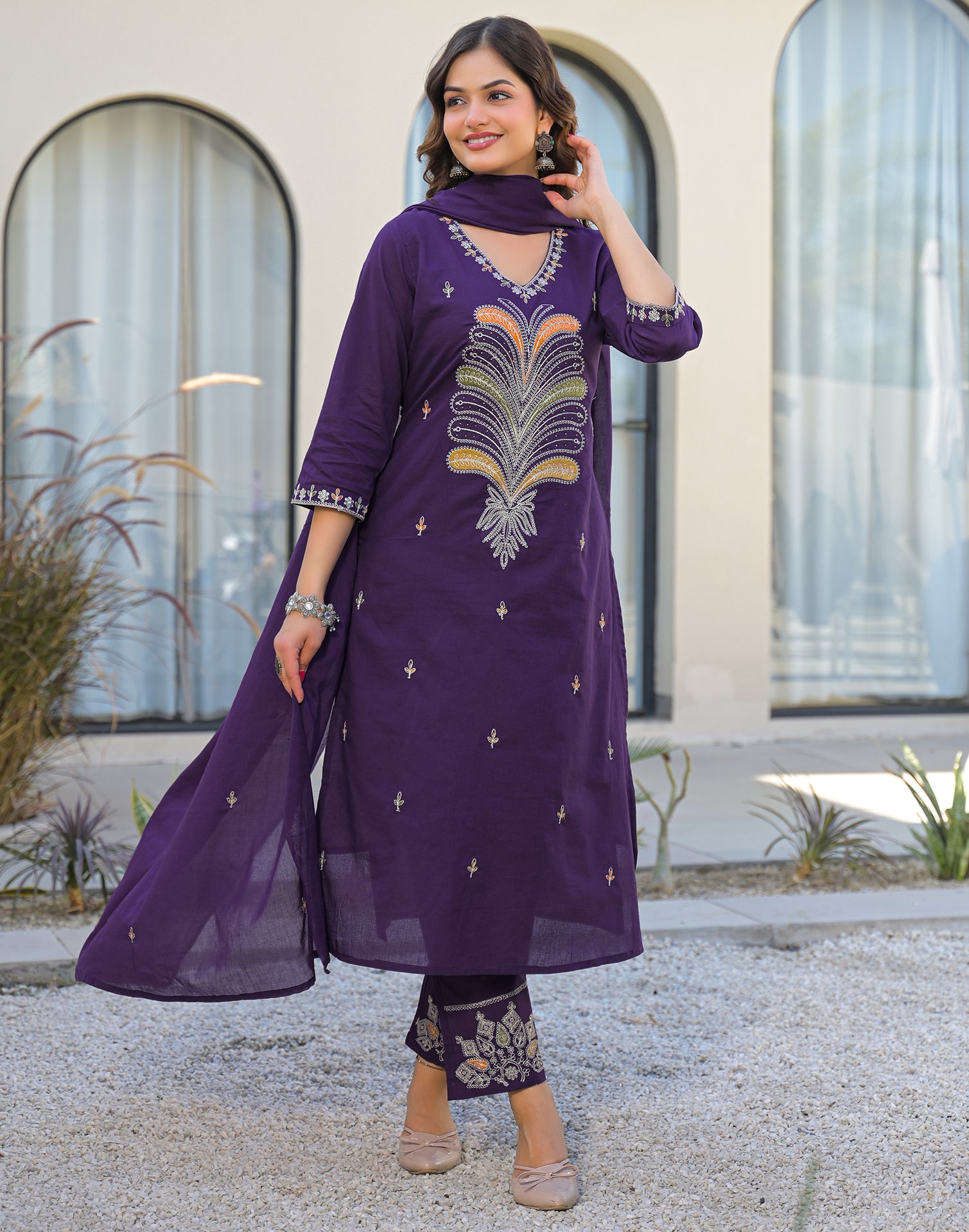 Skylee Cotton Embroidered Straight 3 Piece Kurta Set For Woman